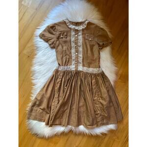 Vintage 1950s Drop Waist Brown w/ White Dot Dress, 5T